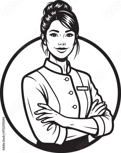 Professional woman in a uniform with crossed arms smiling confidently in a circular line art logo.