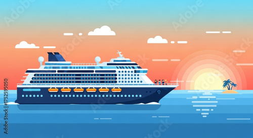 A stunning cruise ship sails on the ocean at sunset, with a small island in the distance, creating a serene and picturesque travel experience