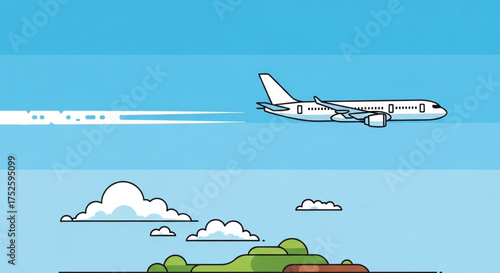 A sleek airplane soars through the clear blue sky, leaving a trail of white smoke, with fluffy clouds and green land below, symbolizing air travel