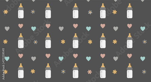 A seamless repeating pattern of baby bottles with hearts and stars.