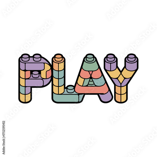 Play typography logo, three dimensional block letters, cheerful gradient palette, friendly gaming headline, creative kids room poster