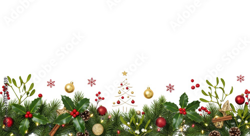 Mockup festive christmas border with ornaments and plants bergaya elegan dengan elemen graphic, background, garland, mistletoe,.