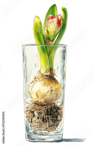 A hand-drawn watercolor illustration of an amaryllis flower bulb in the soil, inside a glass vase