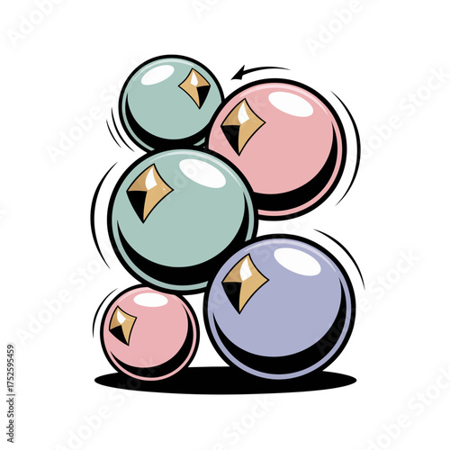 Glossy gacha spheres, sparkling highlights, stacked round gems, arcade prize ball concept, playful toy collection vector illustration
