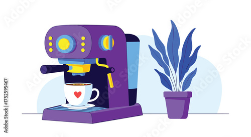 A delightful purple coffee machine brews a steaming cup of coffee for a refreshing morning.