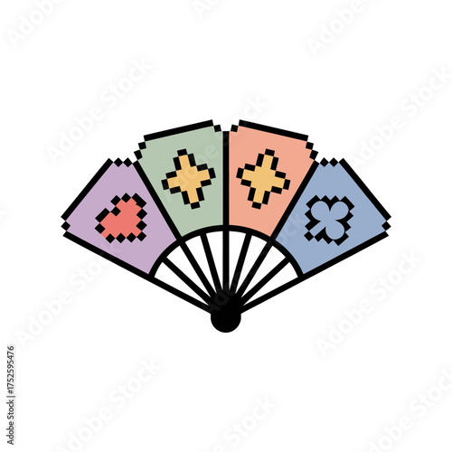 Decorative handheld fan, panels with suits symbols, elegant casino theme, cultural accessory illustration, refined minimal vector design