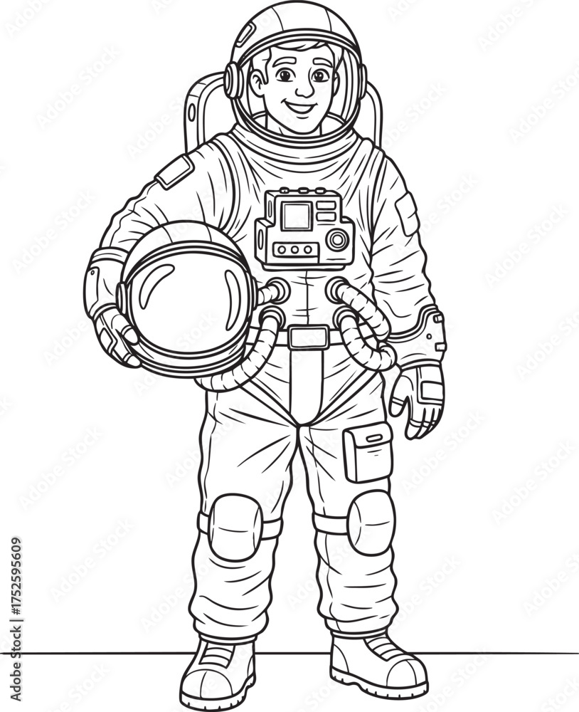 Obraz premium Young smiling astronaut in a full spacesuit holding his helmet a black and white line art illustration.