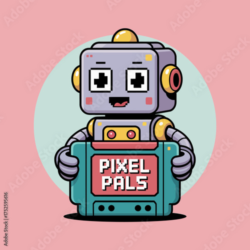 Pixel pals robot, retro companion character, cute pastel background, friendly arcade mascot, nostalgic gamers collection vector