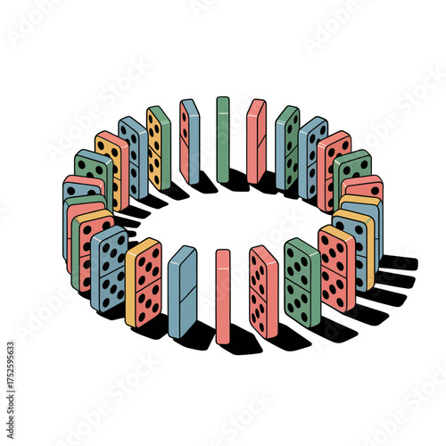 domino circle pattern, standing tiles ring, shadow perspective, classic tabletop game design, retro family entertainment graphic, vector illustration