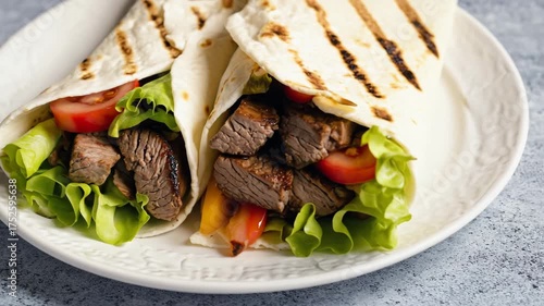 Grilled Beef Tacos With Fresh Lettuce and Tomato Mexican Street Food Closeup
