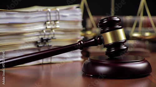 Dramatic Gavel and Scales of Justice with Stacked Documents on Wooden Table in Dark Background