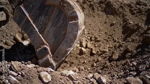 Excavator Digging Brown Soil and Rocks Construction Equipment in Outdoor Sunny Weather