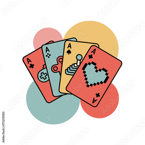 Playing cards spread, rounded shapes background, heart suit accent, minimalist casino vibe, modern tabletop gaming vector illustration