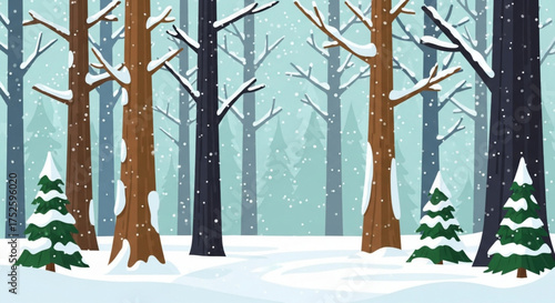 A serene winter forest scene with snowcovered trees and a gentle snowfall, creating a peaceful and picturesque landscape