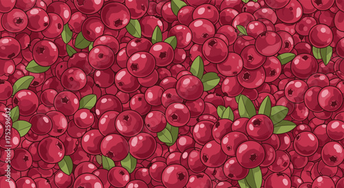 A vibrant and abundant scattering of ripe red berries with small green leaves interspersed throughout the scene.