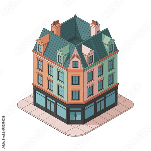 Historic corner commercial building, bay windows, mansard roof, storefront glazing, multi story property, urban architecture vector