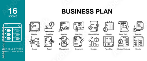 Business Plan icon set. Includes business, strategy, planning, office, management and More. Editable Stroke Icon Collection.