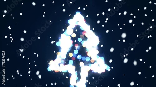 Glowing Christmas Tree Silhouette with Falling Snow on a Dark Background