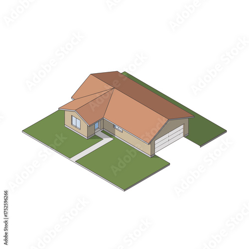 isometric small suburban house, extended garage bay, low pitch roof, simple landscaping, residential property model, architecture vector design