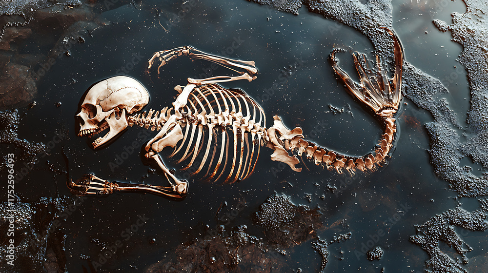 Naklejka premium Close up photograph of skeleton and tail floating in water, showcasing intricate details and textures, evokes sense of mystery and intrigue
