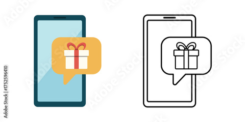 Smartphone gift chat icon with phone and chat bubble showing a gift symbol. Perfect for festive messaging, digital greetings, and Christmas communication concepts.