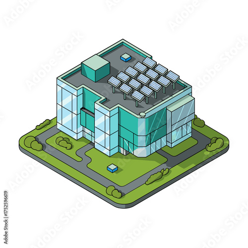 isometric green campus building, modern glass cubes, landscaped base, sustainable design, research center, corporate innovation hub vector