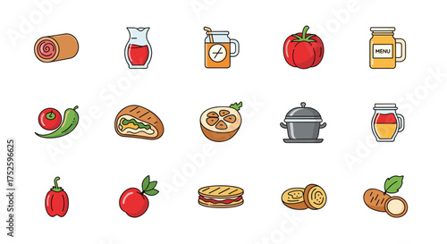 A collection of colorful pixel art icons representing various food items and culinary ingredients often found in a kitchen or grocery store.