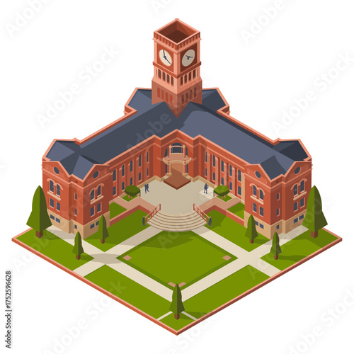isometric classic college hall, ornate brickwork, central bell tower, landscaped quads, prestigious academy campus, detailed vector render