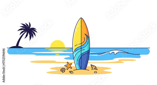 A surfboard stands tall on a sunny beach, inviting surfers to ride the waves and enjoy the tropical paradise