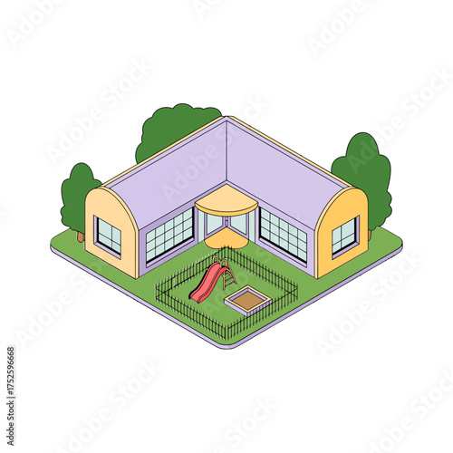 isometric community pavilion building, open courtyard, play area, neighborhood recreation center, public facility architecture, flat vector graphic