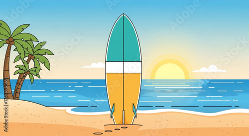 A surfboard stands on a sandy beach at sunset, inviting surfers to ride the waves and enjoy the tropical paradise