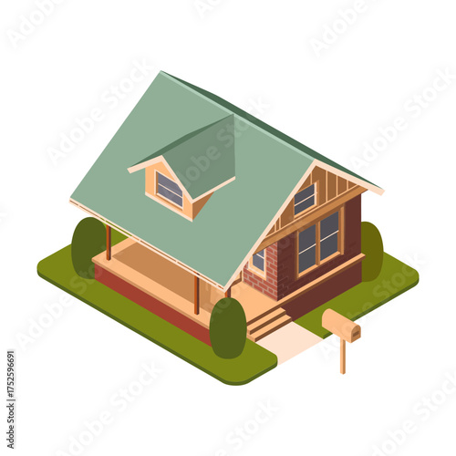 Elevated cabin style house, green roof dormer, wooden porch railings, trimmed shrubs, isometric yard scene, architecture vector