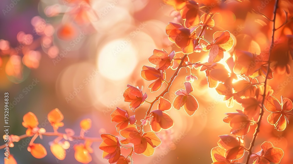 Fototapeta premium Warm Soft Sunset Light Gently Illuminates a Lush Canopy of Vibrant Orange Flowers—Highlighting Petal Details and Creating a Romantic, Golden-Hued Ambiance Ideal for Nature or Floral Visuals.