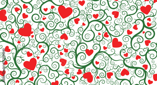 A delightful pattern featuring numerous red hearts intertwined with swirling green vines on a white background.