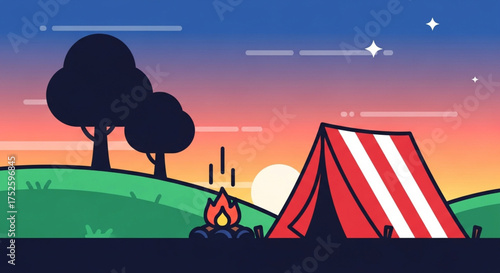 A cozy camping scene at dusk with a red and white striped tent, a crackling campfire, and silhouetted trees against a colorful sunset sky with twinkling stars