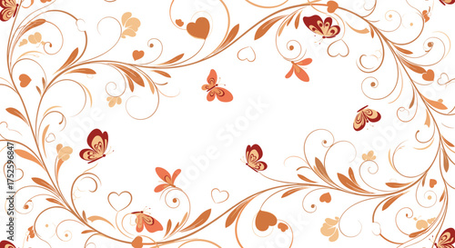 A delicate white background adorned with swirling golden floral vine patterns and small fluttering orange butterflies. These natural elements create an elegant and whimsical organic design.