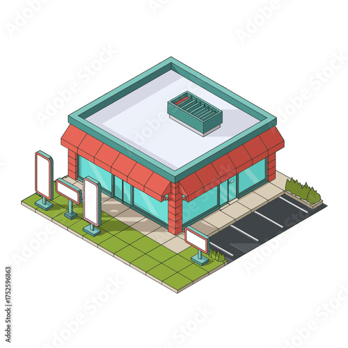 Isometric convenience store building, parking lot, signage pylons, flat roof, commercial retail property, urban architecture vector