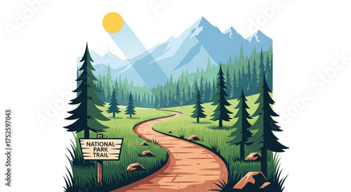 A winding national park trail leads through a vibrant forest towards majestic mountains under a sunny sky