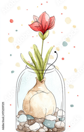 
A cute minimalist watercolor illustration of an amaryllis flower bulb sprouting in the middle of a glass terrarium
