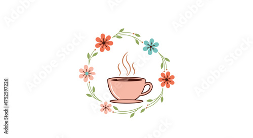 A delicate pink teacup filled with steaming hot coffee sits within a circular wreath of small colorful flowers and green leaves.