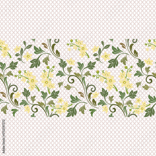 Pastel yellow floral pattern with green leafy vines on soft cream background, elegant natural botanical design, delicate vintage style for fabric, textile, wallpaper, and decorative surface art
