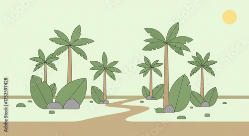 A scenic pathway winds through a serene oasis of palm trees, bathed in the gentle glow of the sun, creating a tranquil and inviting tropical landscape