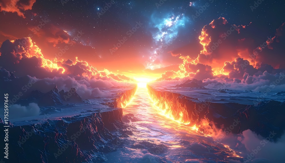 Fototapeta premium Vibrant Sunset Over Ocean with Fiery Clouds and Celestial Glow.