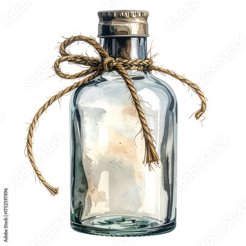Glass bottle with a rope bow tie and metallic cap on black.