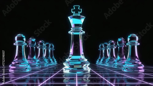 Futuristic Blue Crystal Chess King Surrounded by Transparent Pawn Pieces Strategy and Leadership Concept