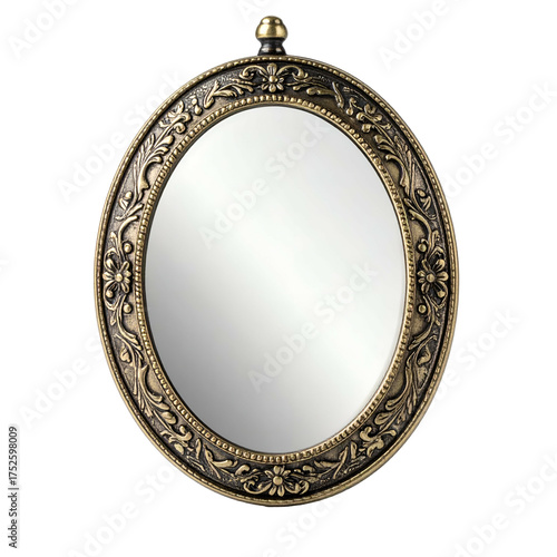 Ornate oval mirror with intricate decorative frame.