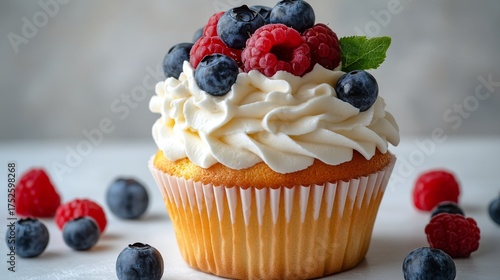 Wallpaper Mural Gourmet cupcakes with creamy white frosting and colorful berries, captured in soft daylight against a minimalist white background. Torontodigital.ca