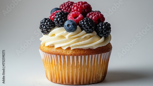 Wallpaper Mural Delicious cupcakes topped with whipped cream and fresh berries on a white surface. Minimalist dessert photography with bright natural lighting and clean composition. Torontodigital.ca