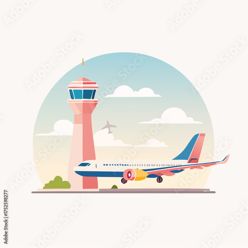 Stylized illustration of a commercial passenger jet on an airport tarmac with a control tower, representing air travel, departures, and the bustling aviation world
