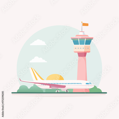 Modern airport scene with a passenger jet taxiing on the runway near the control tower under a soft pastel sky, representing air travel and aviation